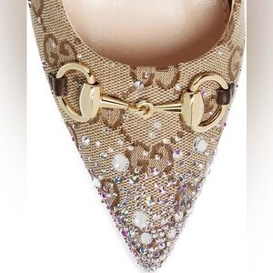 Pointed-Toe slingback crystal embellished heels with Gold Horsebit hardware